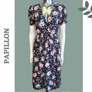 Papillon Puff Short Sleeve Floral Print Dress Elastoc Waist Pockets Navy Pink